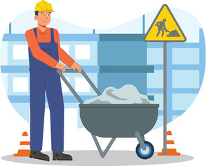 Construction Worker with Wheelbarrow and Warning Sign Illustration Features a construction worker using a wheelbarrow with a visible warning sign for safety.