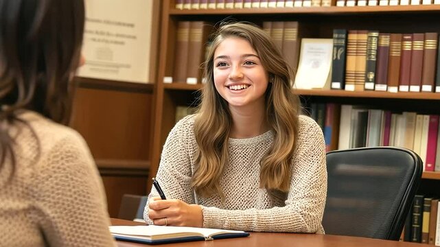 Student Consults Guidance Counselor for University Admissions in Library