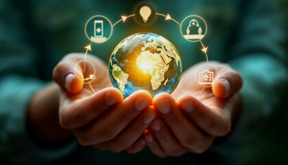 Hand Holding a Holographic Earth with Recycling Symbols, Promoting Sustainability