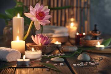 Spa treatment concept. A tranquil spa setting with candles, lotus flowers, and pebbles arranged on a wooden table, accompanied by towels, soaps, and body serums.