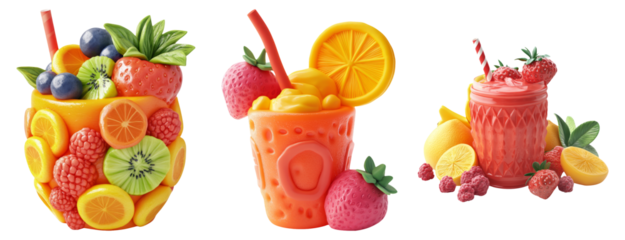 Fresh Summer Fruits and Smoothies Isolated on Transparent Background