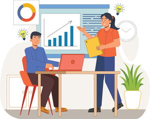Digital Marketing Strategy and Data Analysis Illustration with Business Team Illustrates a team analyzing detailed reports and forming strategies for marketing campaigns.