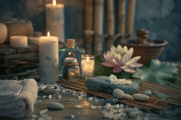 Spa treatment concept. A tranquil spa setting with candles, lotus flowers, and pebbles arranged on a wooden table, accompanied by towels, soaps, and body serums.