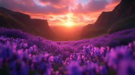Vibrant sunset over purple flower field in mountain valley.