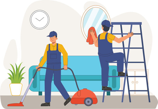 Housekeeping Services Illustration with Vacuuming and Ladder Cleaning Depicts a worker cleaning high surfaces using a ladder, alongside vacuuming tasks.