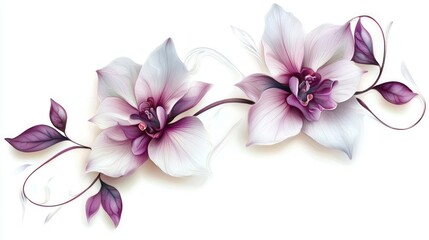 Elegant floral composition with two purple lilies delicate leaves on white background. The flowers showcase intricate details and smooth gradients, creating a soft, artistic appearance. Generative AI