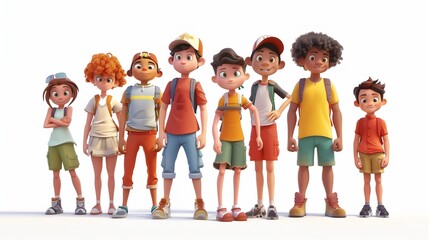 A group of animated kids on an adventure, standing vividly on a bright white background.