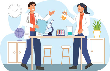 Medical Research and Laboratory Work Illustration with Scientists and Equipment Scientists working with microscopes, test tubes, and data analysis screens.