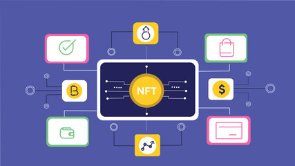 NFT Illustration Concept with Digital Payment and Cryptocurrency Icons Digital wallets and payment icons integrated with NFTs and blockchain visuals.