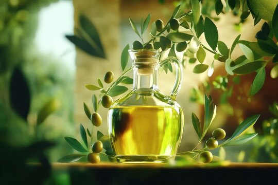 Curved glass bottle of olive oil with subtle sunlight