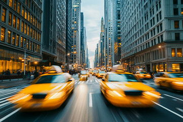 Busy street filled with yellow taxi cars in the city, genertative ai