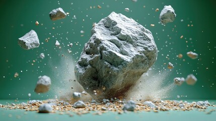 A large rock shattering into pieces on a green background, creating dust and debris around it