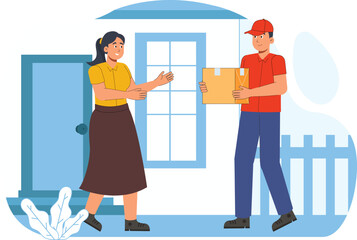 Parcel Delivery Service Illustration with Delivery Person and Customer A delivery person handing over a parcel to a smiling customer at the doorstep.