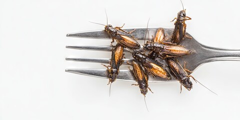 Naklejka premium Crickets on a Fork: A Close Up of Edible Insects