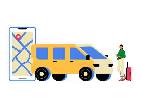 Yellow Van And Smartphone Map With Female Passenger In Flat Vector Illustration Symbolizing Transportation Services, Isolated On White Background