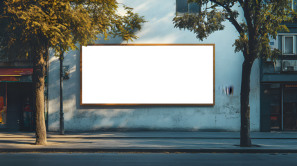 Mock-up of a blank white building hoarding branding space in Buenos Aires at noon