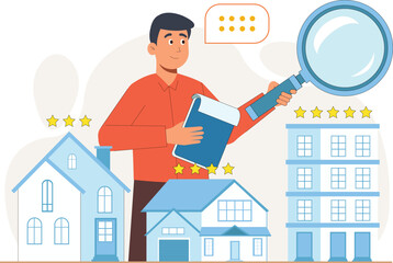 Real Estate Illustration with Property Ratings and Reviews Property listings with ratings, reviews, and star icons displayed alongside.