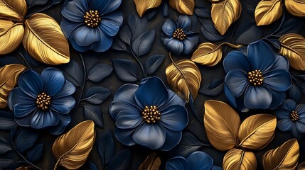 3D Golden and blue flowers, dark background, European-style pattern wallpaper, high definition.