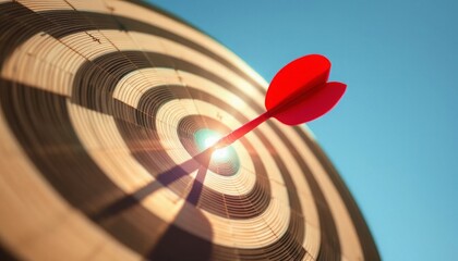 Red dart hitting bullseye on a target board under a clear sky