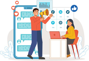 Social Media Marketing and Analytics Illustration with Engagement and Metrics A dashboard displaying social media metrics like likes, shares, and engagement rates.