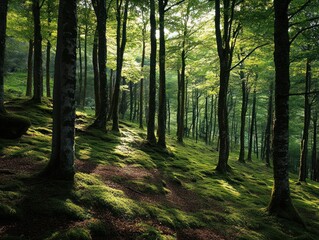 Naklejka premium Sunlit forest with mossy ground and tall trees casting long shadows