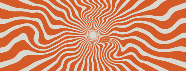 Retro background with orange and white wavy lines. The background features an orange and white hypnotic swirl pattern. Psychedelic pattern background vector. Orange background.