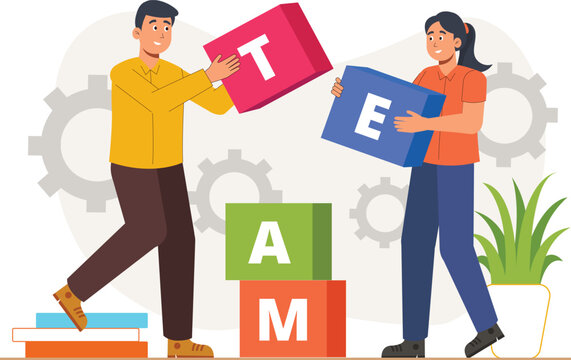 Teamwork Concept Illustration with Blocks and Gears A team assembling blocks and gears, symbolizing collaborative effort and problem-solving in building a system or project.