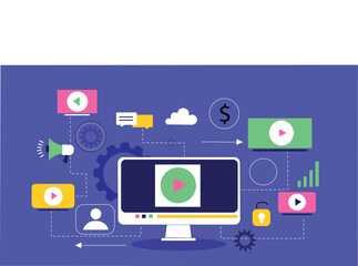 Video Streaming Concept with Media Player and Communication Illustration A media player interface with video content playing, surrounded by interactive communication features like live comments, chat 