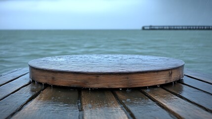 Fototapeta premium Rain Water on Wooden Round Table by the Sea