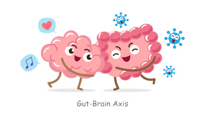 Gut-brain axis . Cartoon character of human brain and intestine . Concept about prebiotics and probiotics relate with brain function . Vector .