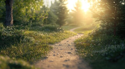Obraz premium Sunset Path in a Serene Forest: A Golden Hour Journey