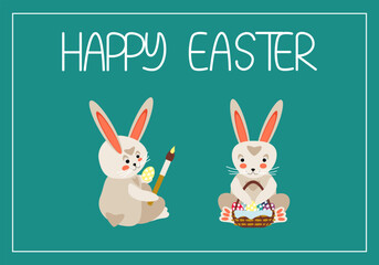 Bunnies sitting one with a brush and an egg in his paws, the other with a basket of colored eggs on a green background with the inscription happy Easter - vector card