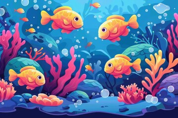 Naklejka premium Ocean world: cheerful fish and seaweed in cartoon style