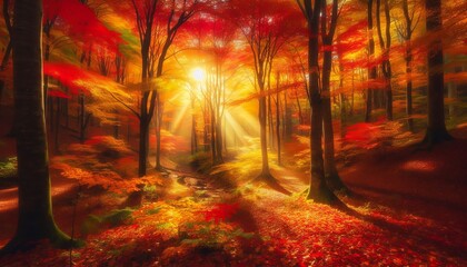 Fototapeta premium A vibrant autumn forest with a carpet of fallen leaves, golden sunlight filtering through the canopy of red, orange, and yellow foliage.