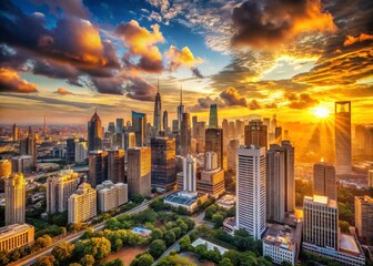Fototapeta premium Panoramic Cityscape at Sunset, Golden Hour Urban Panorama