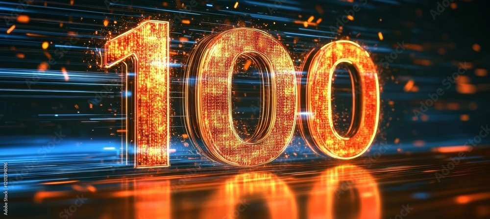 Poster glowing digital number 100 in futuristic style with light trails on abstract background