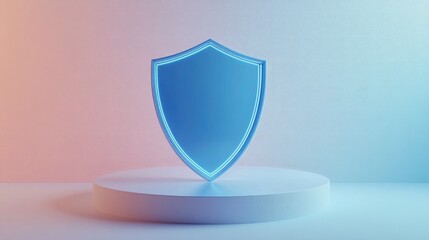 3D Rendered Blue Shield Icon on Podium with Light-Glow Effect - Security and Data Vaporizer Tech Concept on Pastel Minimal Background