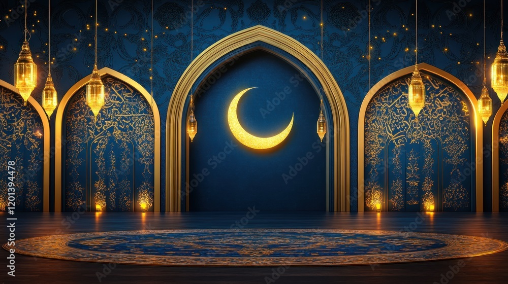 Poster elegant ramadan setting with crescent moon and lanterns