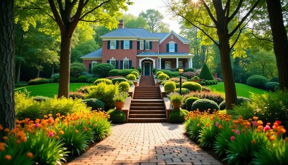 Obraz premium Brick house on a lush green lawn, with a meticulously landscaped garden and brick pathway leading to the entrance.
