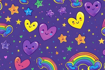 Playful cartoon pattern featuring colorful smiling shapes in a cheerful design
