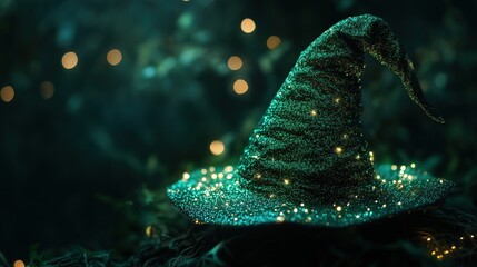 In the magical, dimly lit setting, the green witch hat sparkles with tiny lights, filling the air with an otherworldly sense of fantasy and enchantment.