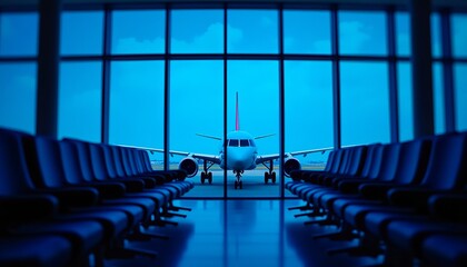 Naklejka premium Airplane viewed through airport terminal windows. Rows of empty seats face the aircraft on the tarmac.