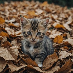 Fototapeta premium A kitten playing in a pile of leaves.