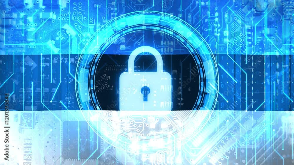 Poster cyber security concept of estonia with glowing lock and waving flag in the backdrop, futuristic tech