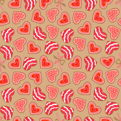 Seamless pattern with heart-shaped cookies, ribbons, and festive details. Perfect for Valentine’s Day, weddings, Mother’s Day, and bakery-themed projects. Ideal for gift wrap, textiles, wrapping.