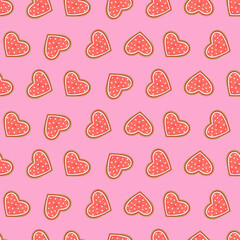 Polka-dotted heart cookie seamless pattern on a clean white background. A sweet design for Valentine’s Day, gift wrapping, fabric prints, and holiday crafts. Perfect for romantic and festive design 