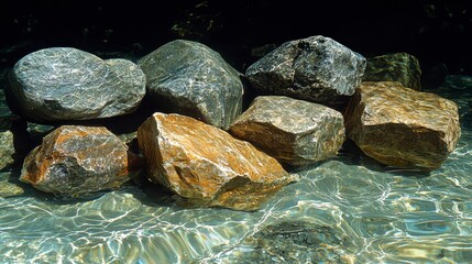 Sunlit stones submerged in clear shallow water.