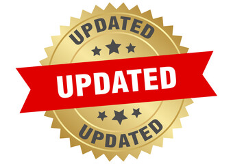 updated. updated round red and gold label isolated on transparent background