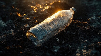 A discarded plastic bottle glowing with light, lying on dark soil. Represents pollution, waste management, and environmental awareness. Generative AI.