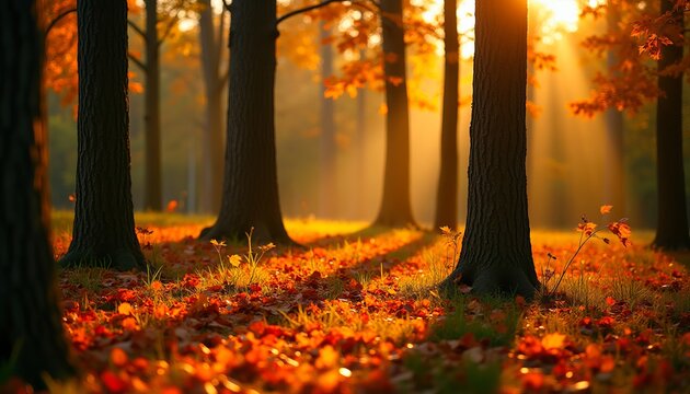 Golden hour sunlight streams through autumnal trees, illuminating a carpet of fallen leaves. Serene and peaceful forest scene.